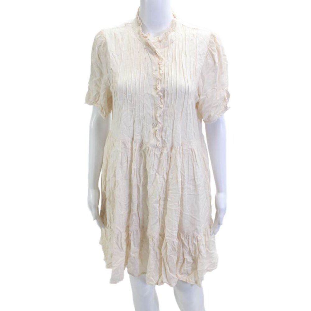 Castro Womens Shirt Dress Beige Viscose High Neck Button Short Sleeve Size L